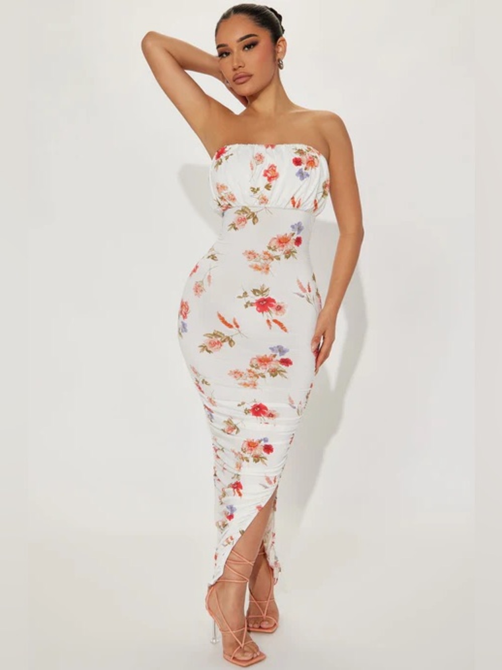 Fashion Nova- Sarina Ruched White Floral Midi Dress-NWT